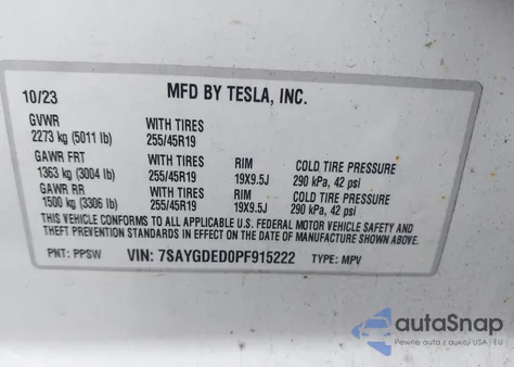 2023 Tesla Model Y Rwd z USA, uszkodzony, nr VIN 7SAYGDED0PF915222